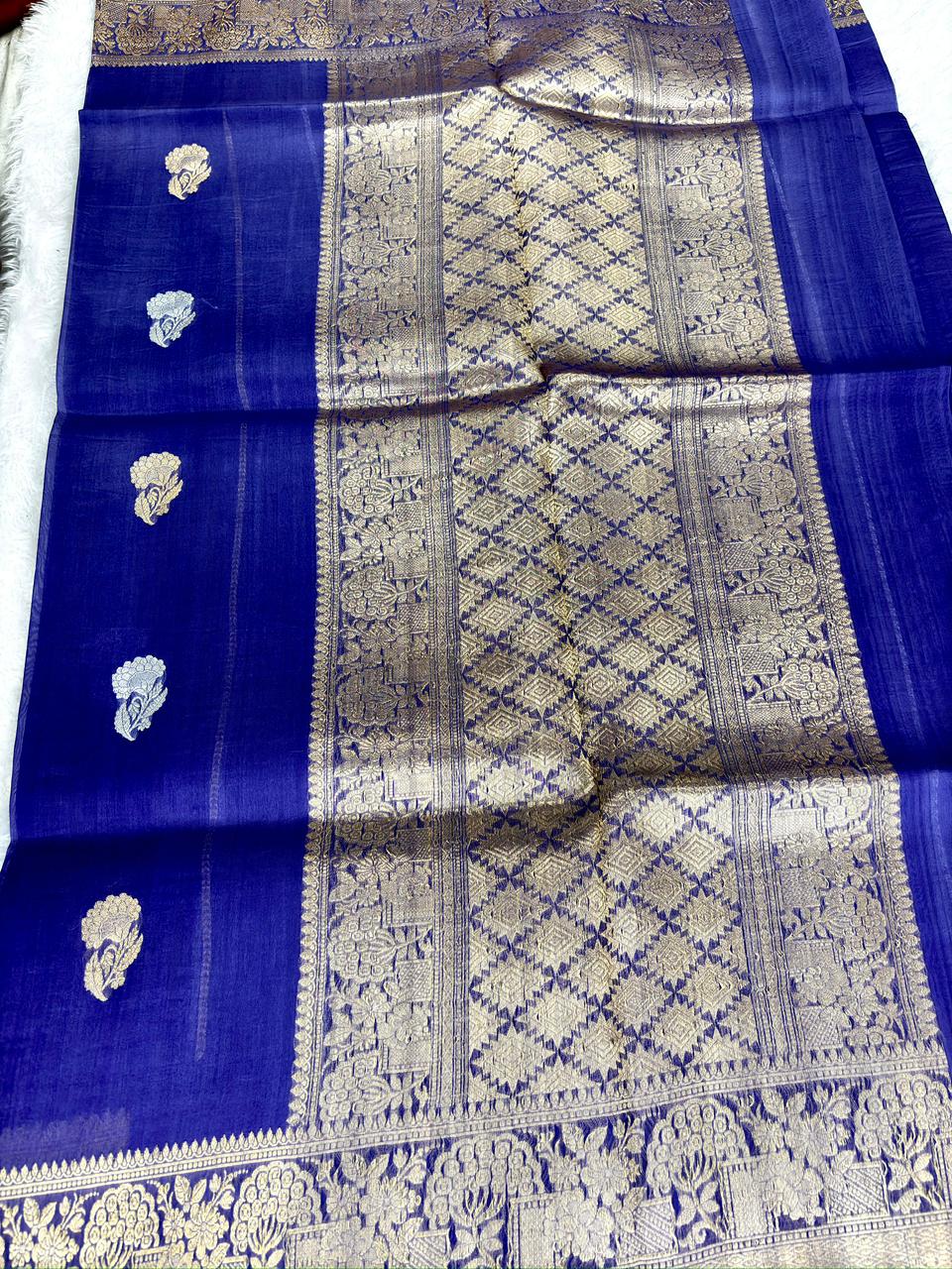 Royal Blue Kora Silk Designer Kadhua Saree - Dual Tone Zari Butta & Brocade Pallu