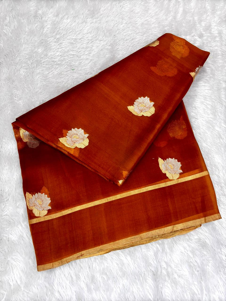 Rust Orange Kora Silk Designer Kadhua Saree - Dual Tone Zari Butta & Striped Blouse