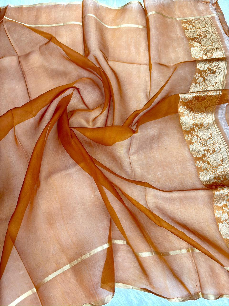 Rust Orange Kora Silk Designer Kadhua Saree - Dual Tone Zari Butta & Striped Blouse