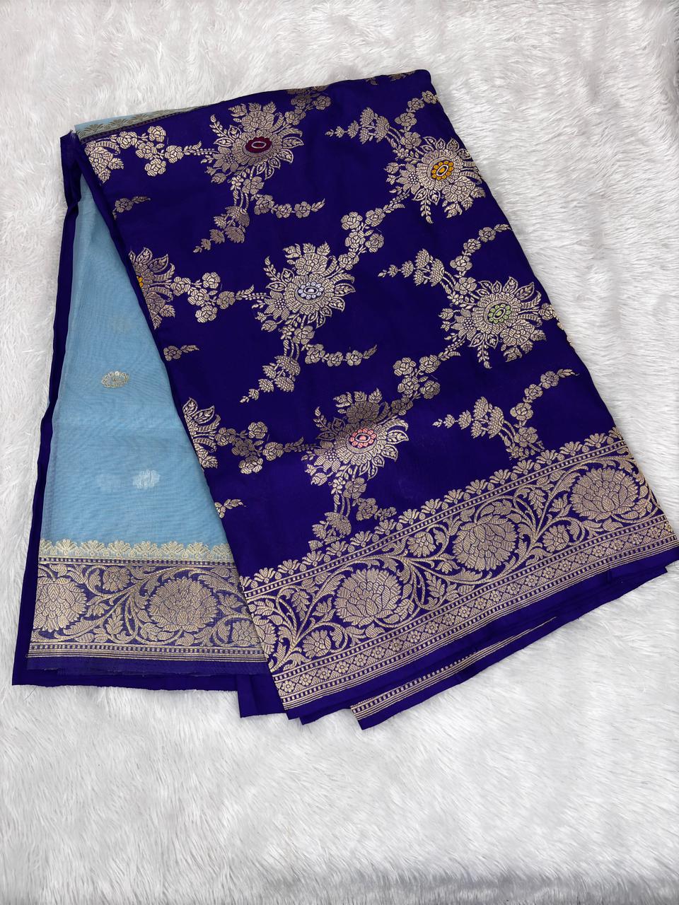 Premium Royal Blue & Sky Blue Dual-Tone Premium Kora Saree with Antique Zari Kadhua Weave