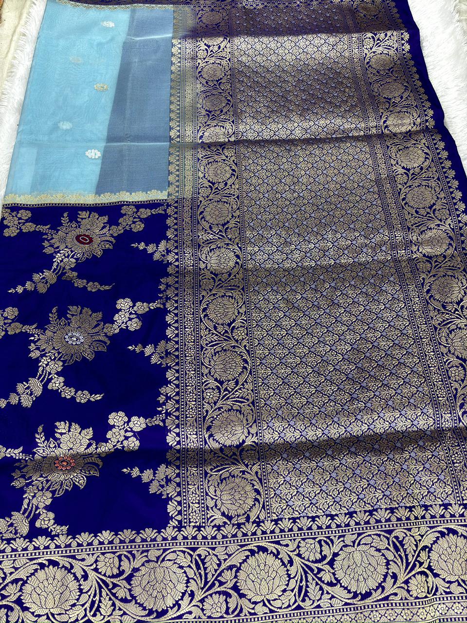 Premium Royal Blue & Sky Blue Dual-Tone Premium Kora Saree with Antique Zari Kadhua Weave
