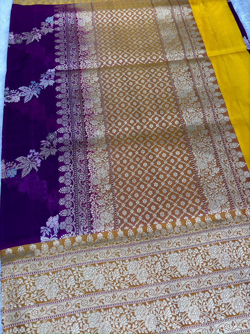 Premium Kora Banarasi Saree in Purple with Contrast Mustard Zari Border and Meena Work