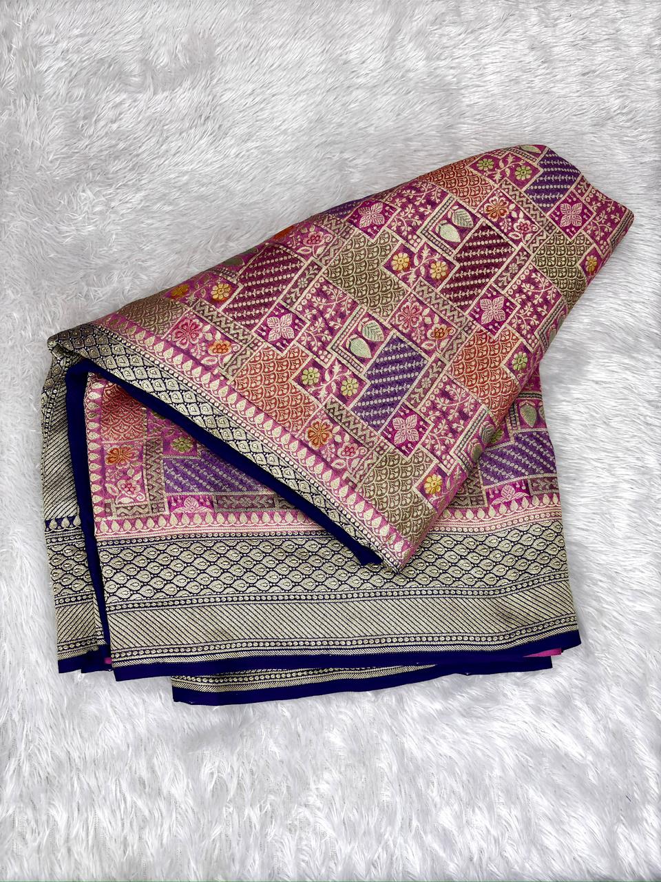 Vibrant Magenta Checkered Khaddi Georgette Handloom Saree with Meenakari Jaal