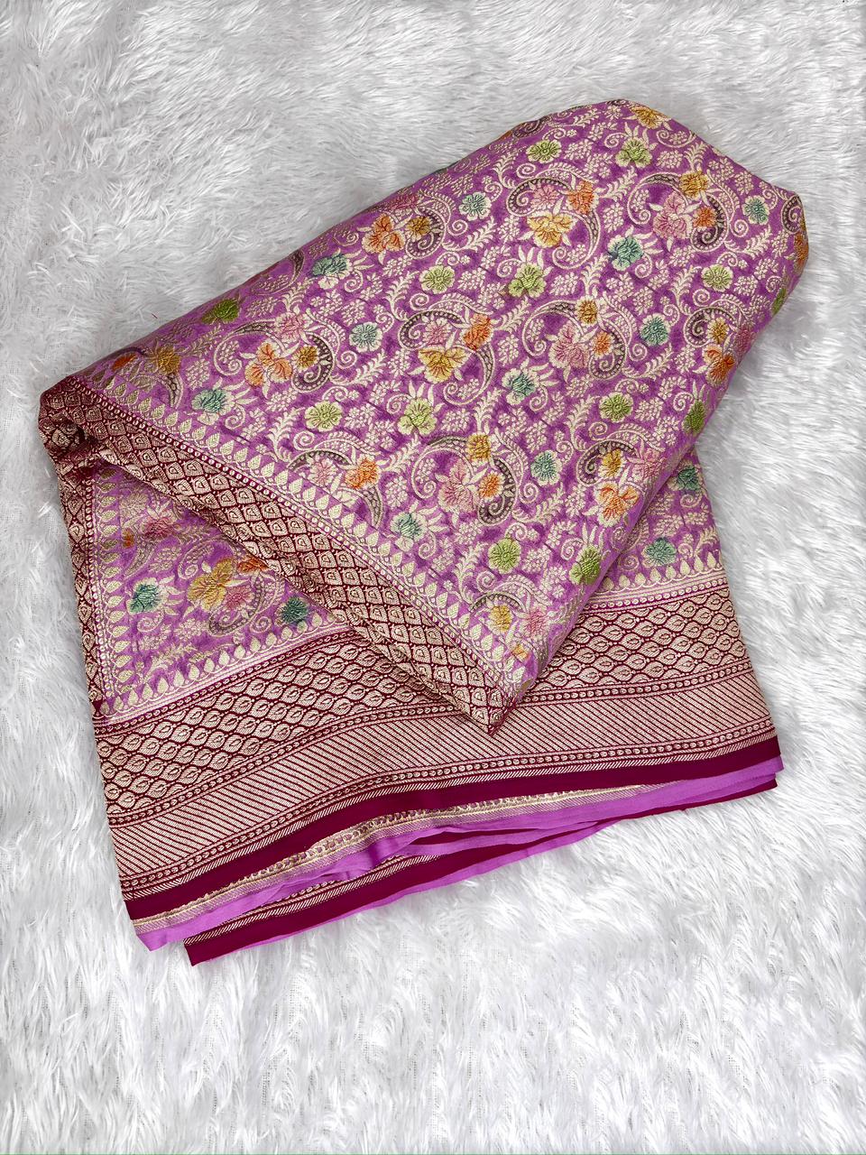 Ethereal Lavender Premium Khaddi Georgette Handloom Saree with Meenakari Floral Jaal