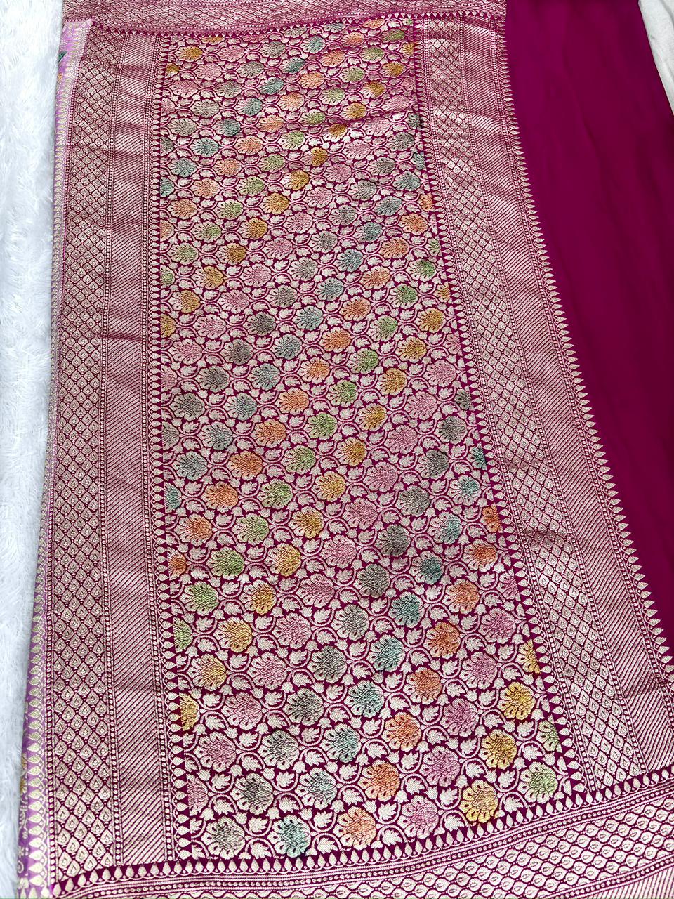 Ethereal Lavender Premium Khaddi Georgette Handloom Saree with Meenakari Floral Jaal