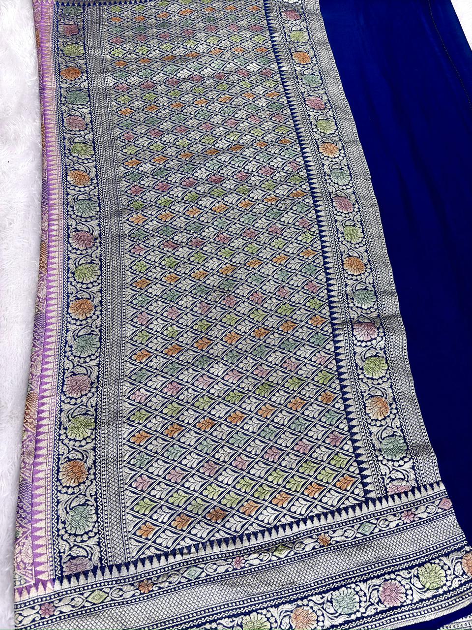 Contemporary Multi-Color Geometric Tile Khaddi Georgette Handloom Saree