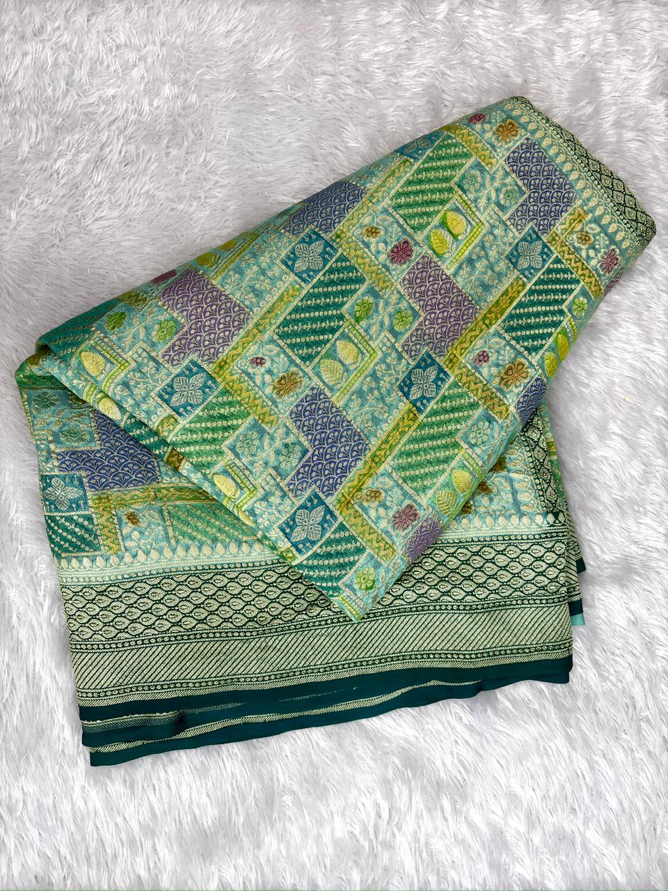 Refreshing Teal Blue Khaddi Georgette Handloom Saree with Multi-Color Geometric Jaal