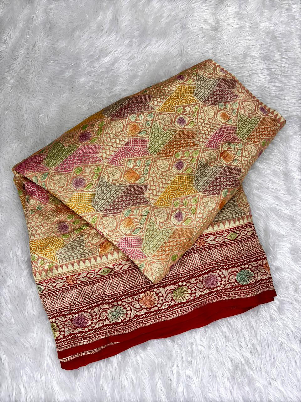 Artistic Rust Red Khaddi Georgette Handloom Saree with Multi-Color Geometric Mosaic Jaal