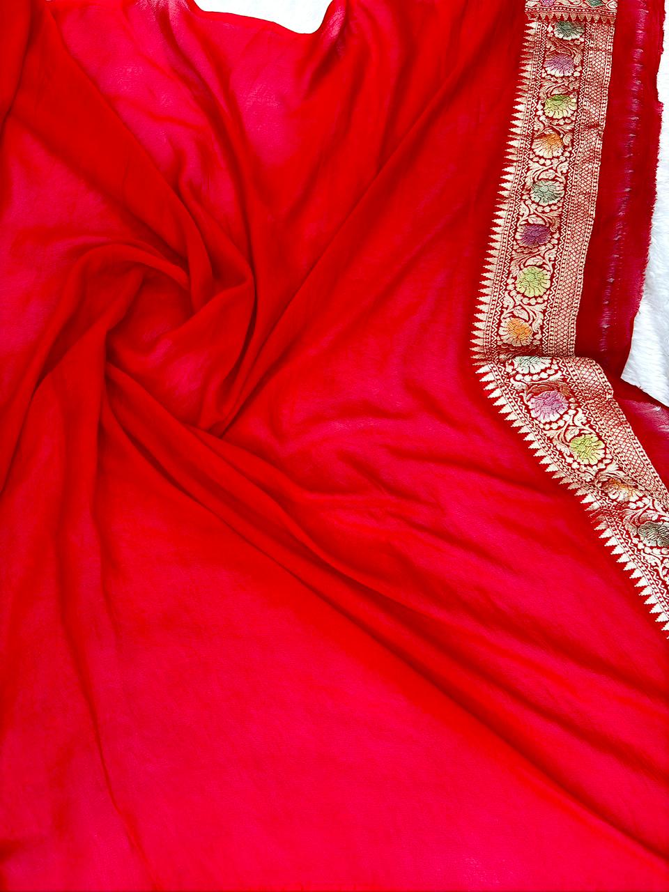 Artistic Rust Red Khaddi Georgette Handloom Saree with Multi-Color Geometric Mosaic Jaal