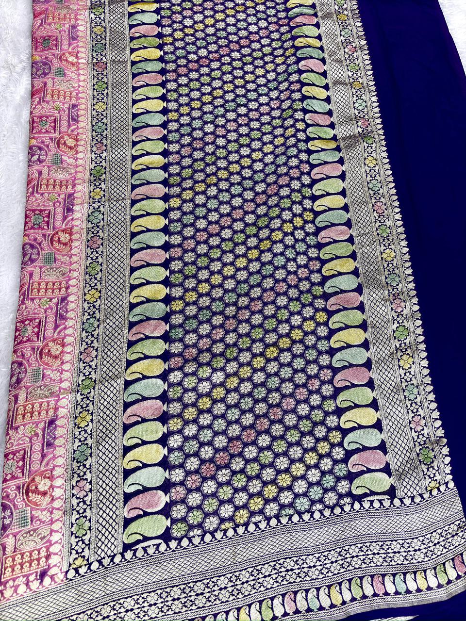 Opulent Khaddi Georgette Handloom Saree with Persian Mosaic Meenakari Jaal