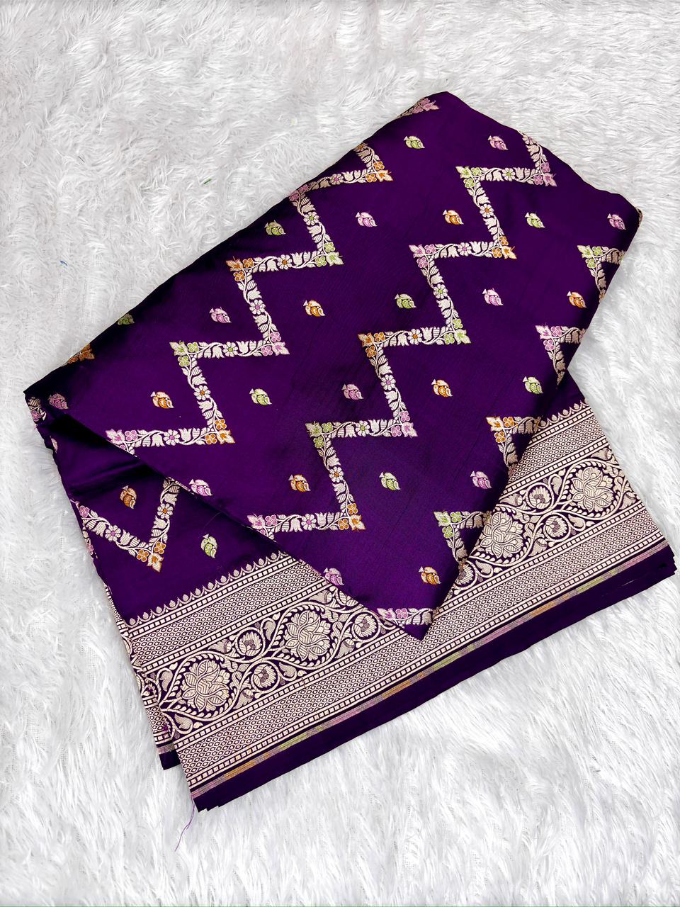 Deep Purple Pure Katan Silk Jungla Meenakari Cutwork Handloom Banarasi Saree with Zig-Zag Patterns