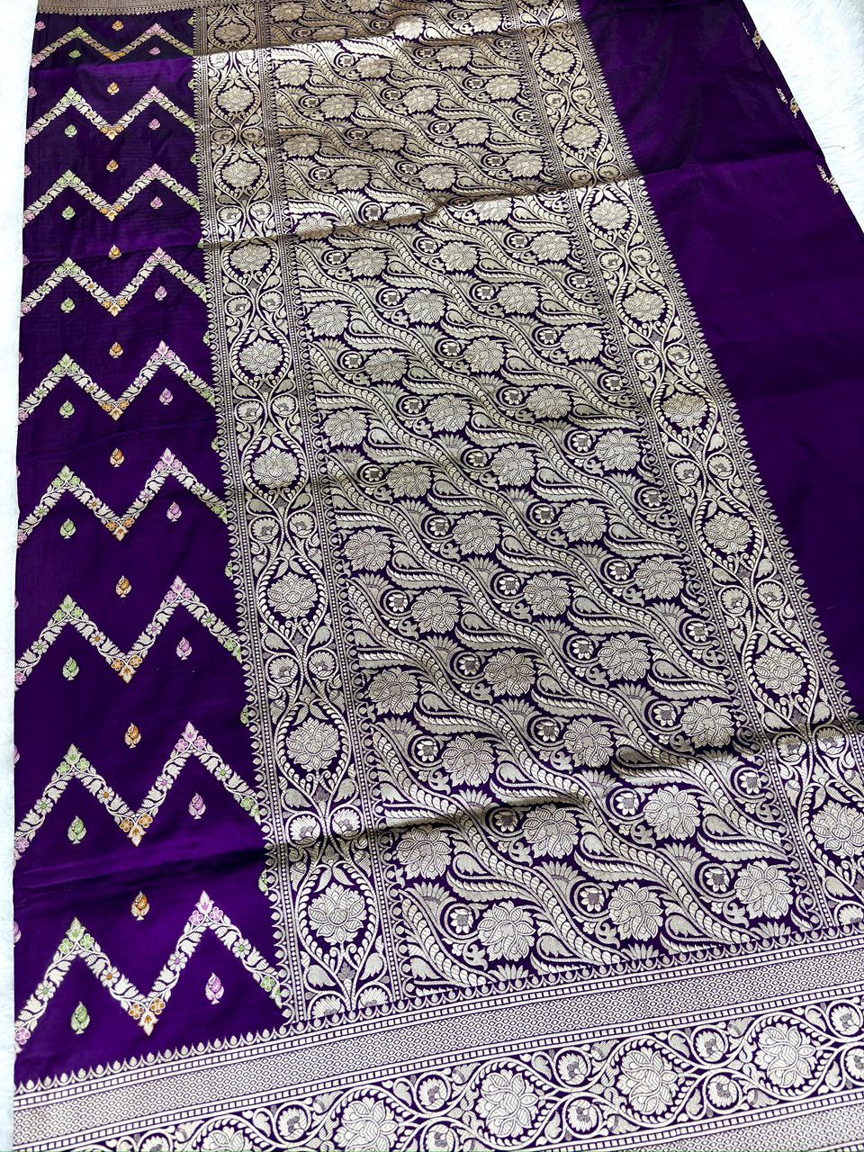 Deep Purple Pure Katan Silk Jungla Meenakari Cutwork Handloom Banarasi Saree with Zig-Zag Patterns