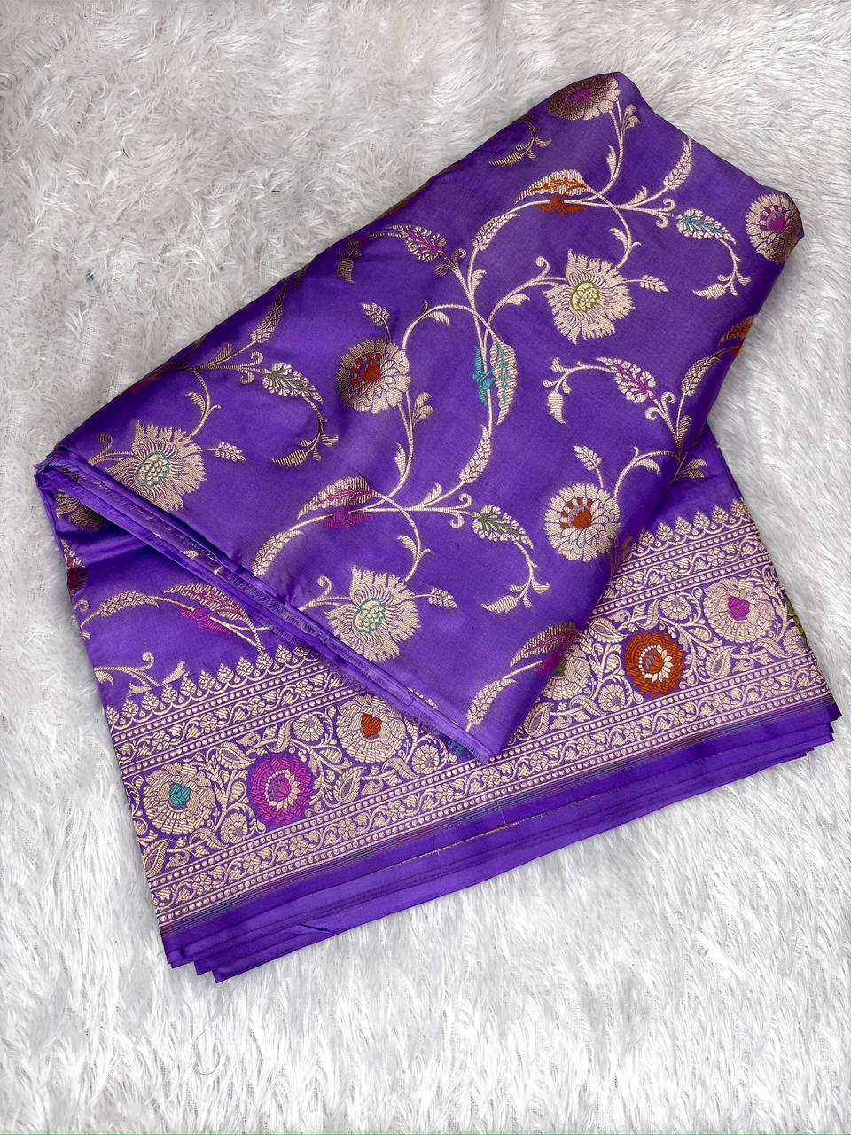 Lavender Bloom Pure Katan Silk Handloom Banarasi Saree  Meenakari Jungla & Geometric Jaal with Intricate Cutwork
