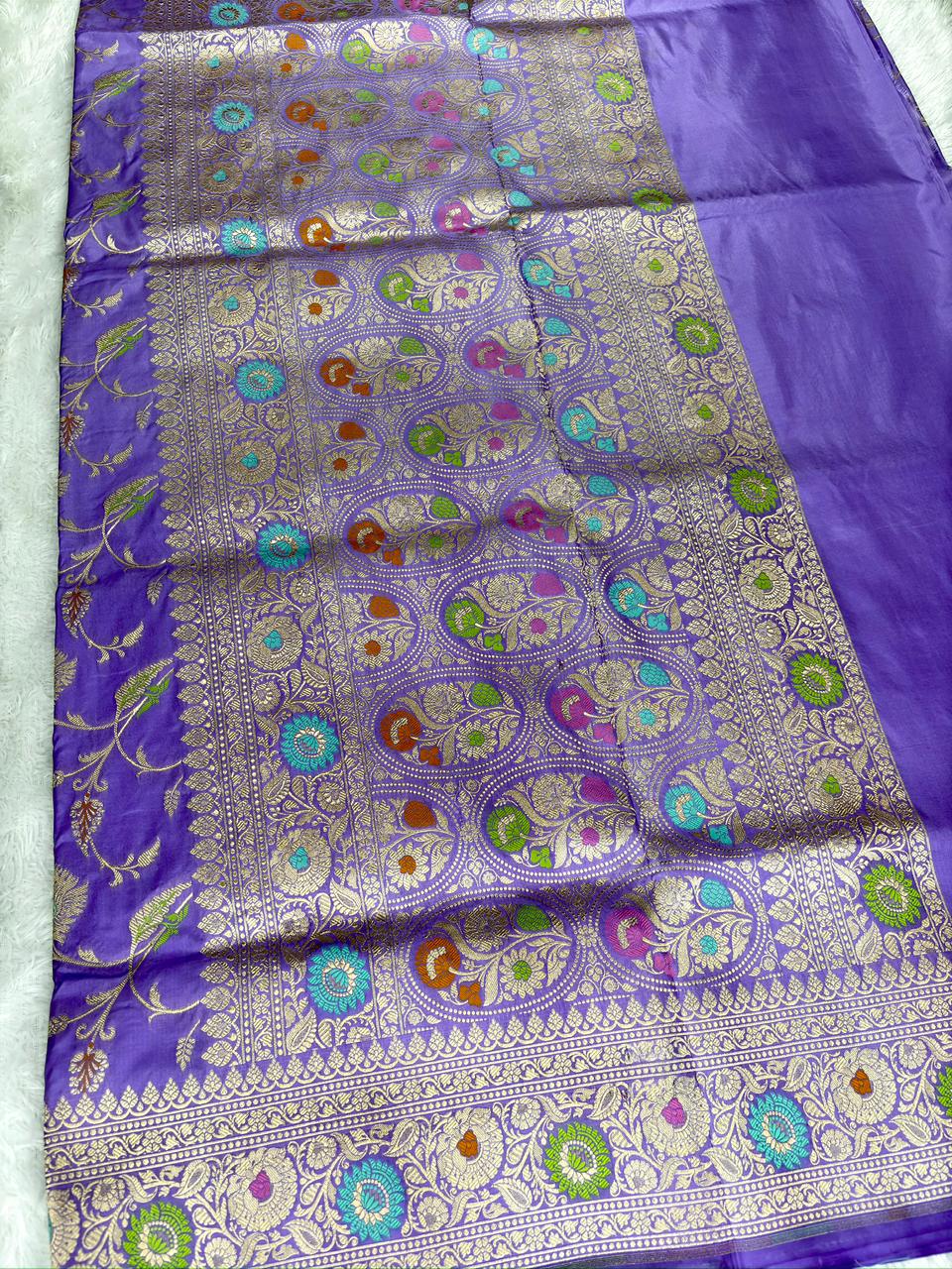 Lavender Bloom Pure Katan Silk Handloom Banarasi Saree  Meenakari Jungla & Geometric Jaal with Intricate Cutwork