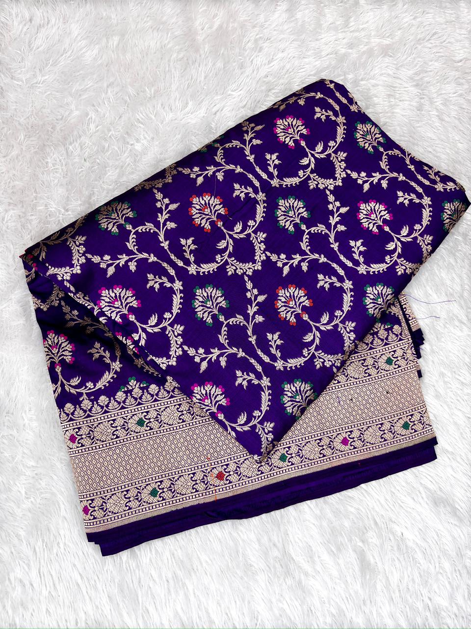 Regal Purple Pure Katan Silk Meenakari Cutwork Banarasi Jungla Saree Meenakari Cutwork