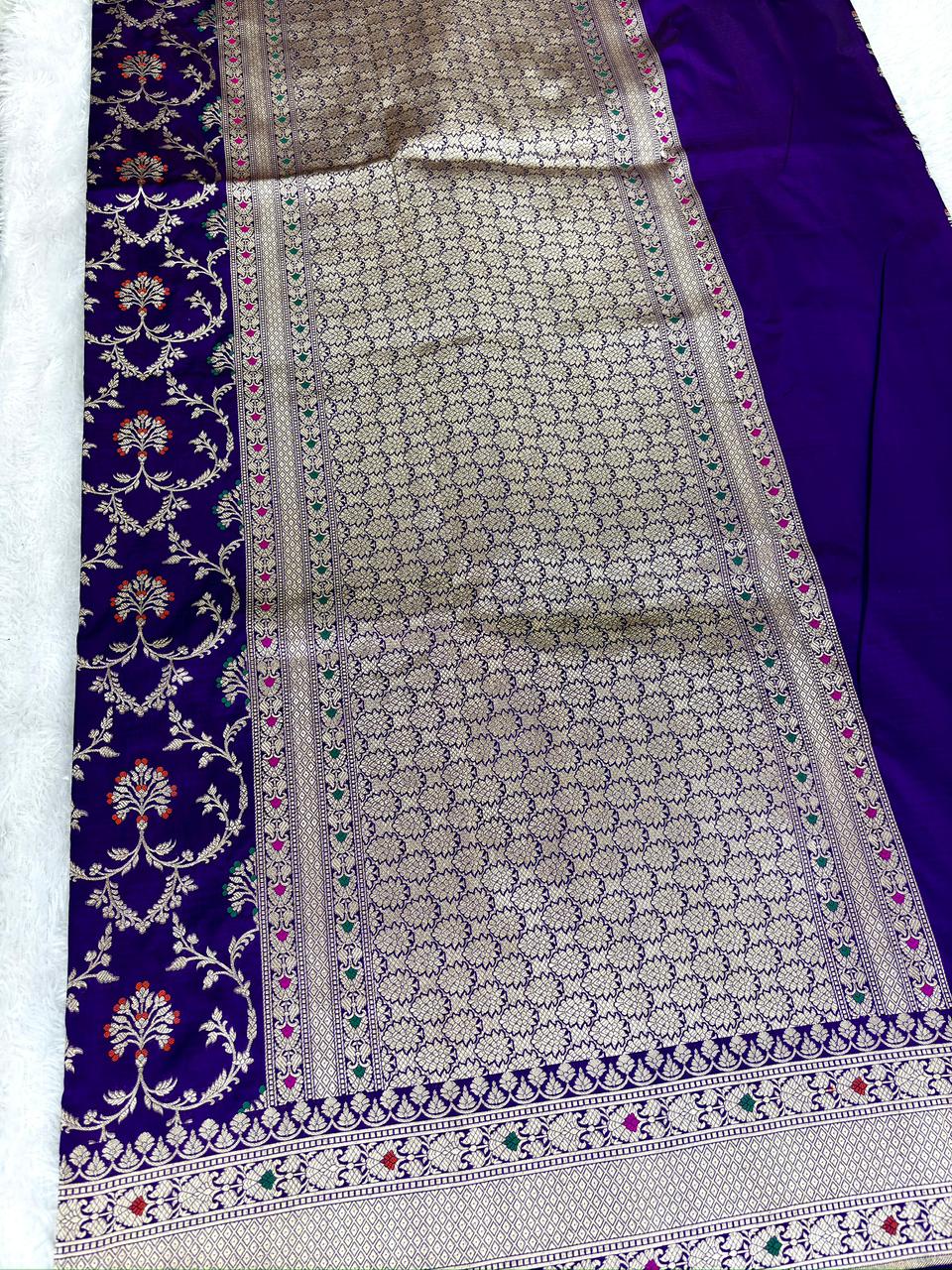 Regal Purple Pure Katan Silk Meenakari Cutwork Banarasi Jungla Saree Meenakari Cutwork
