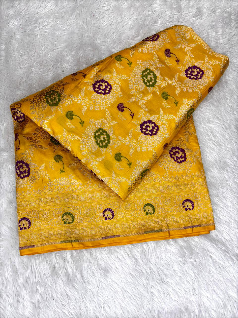 Radiant Yellow Pure Katan Silk Jungla Meenakari Cutwork Banarasi Saree