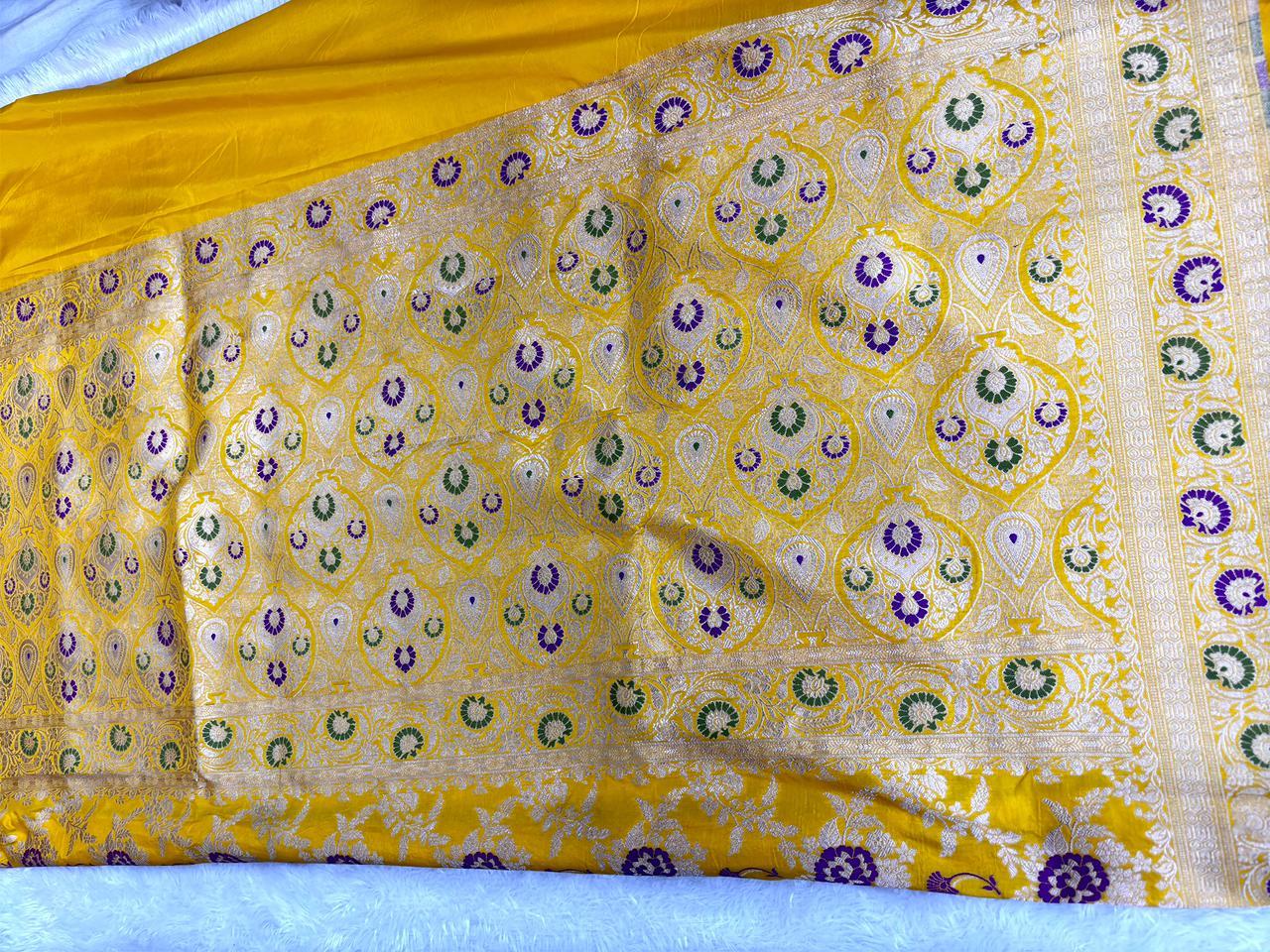 Radiant Yellow Pure Katan Silk Jungla Meenakari Cutwork Banarasi Saree
