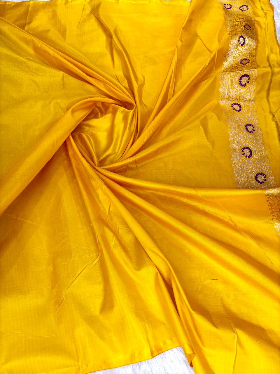Radiant Yellow Pure Katan Silk Jungla Meenakari Cutwork Banarasi Saree