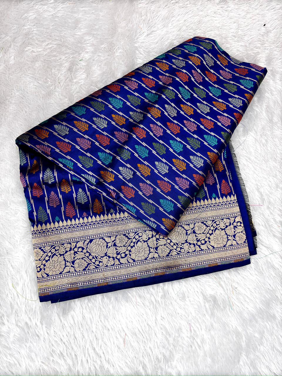 Royal Blue Pure Katan Silk Jungla Meenakari Cutwork Banarasi Saree