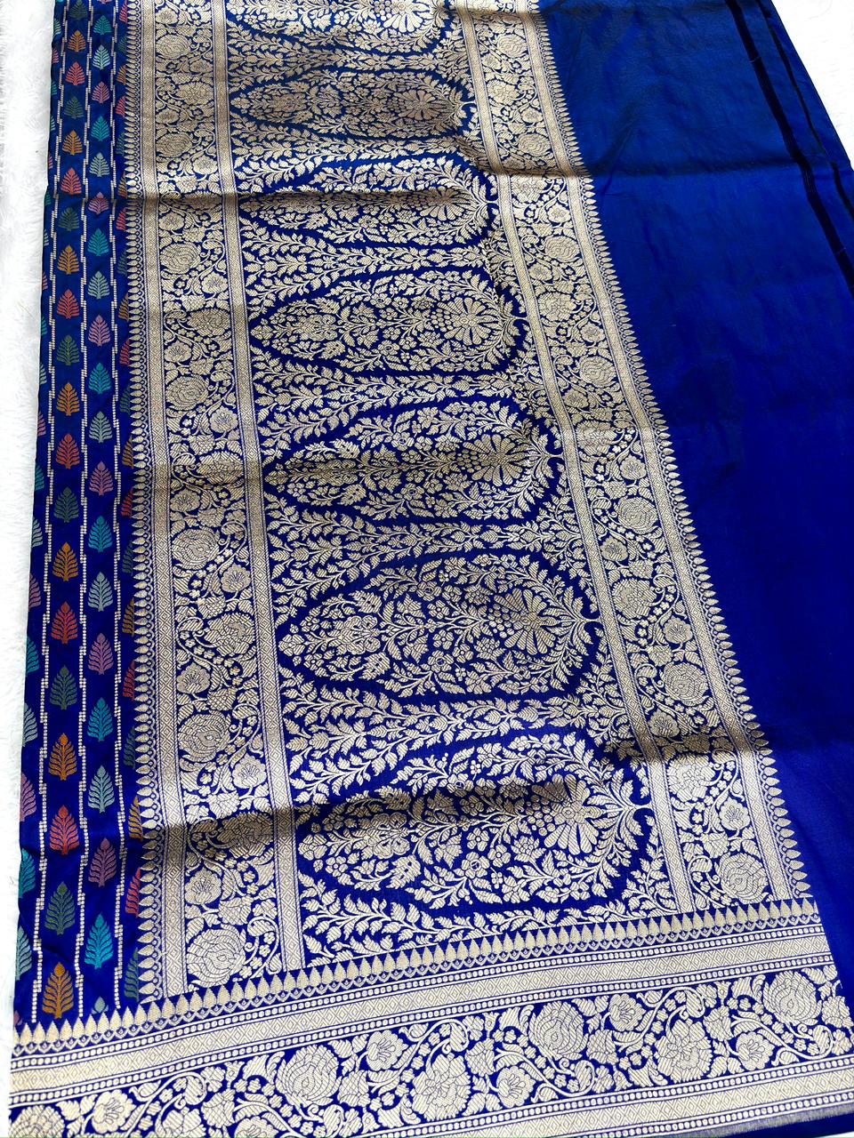 Royal Blue Pure Katan Silk Jungla Meenakari Cutwork Banarasi Saree