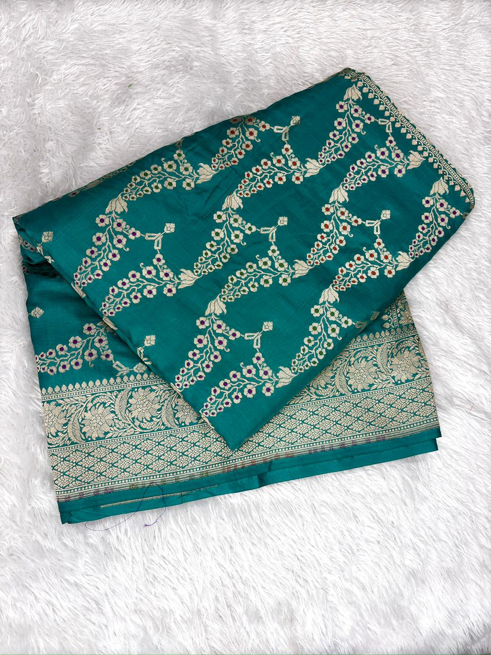Teal Blue Pure Katan Silk Jungla Meenakari Cutwork Banarasi Saree