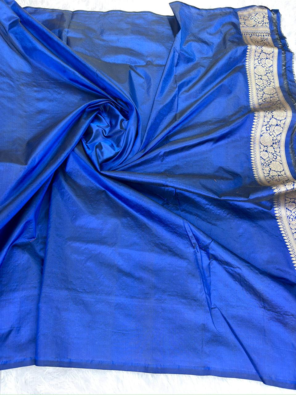 Royal Blue Pure Katan Silk Jungla Meenakari Cutwork Banarasi Saree