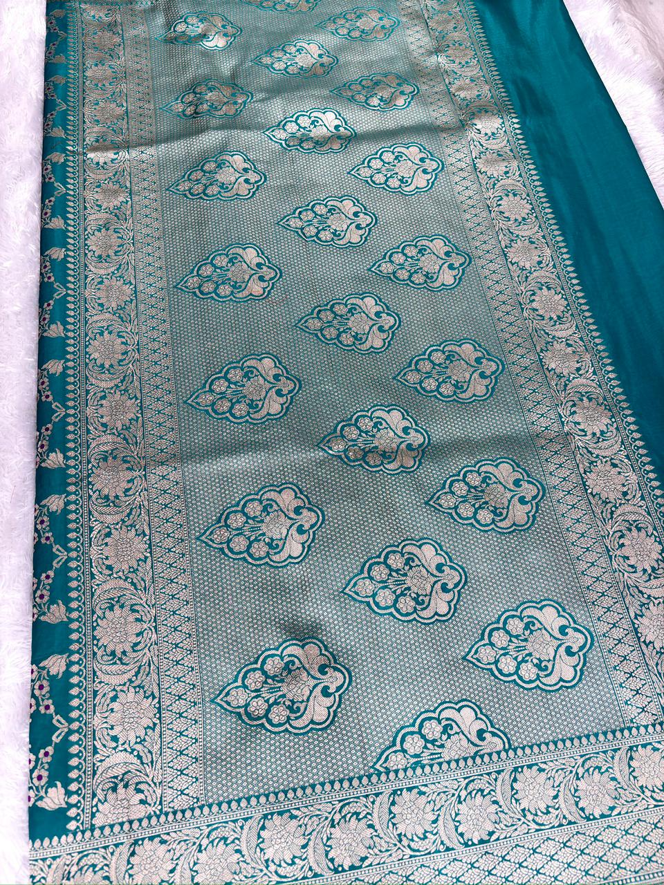 Teal Blue Pure Katan Silk Jungla Meenakari Cutwork Banarasi Saree
