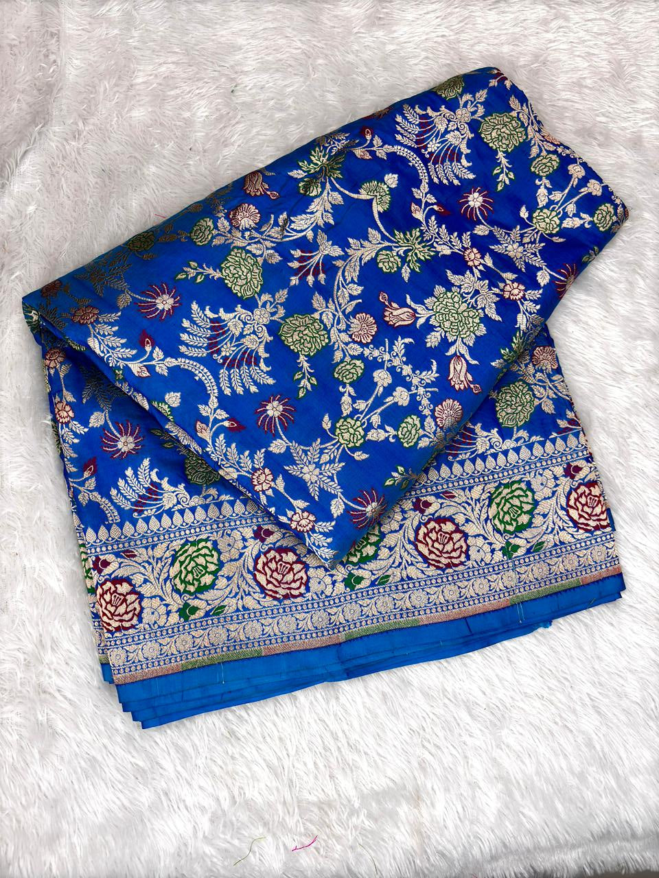 Royal Cerulean Blue Pure Katan Silk Jungla Meenakari Cutwork Banarasi Saree