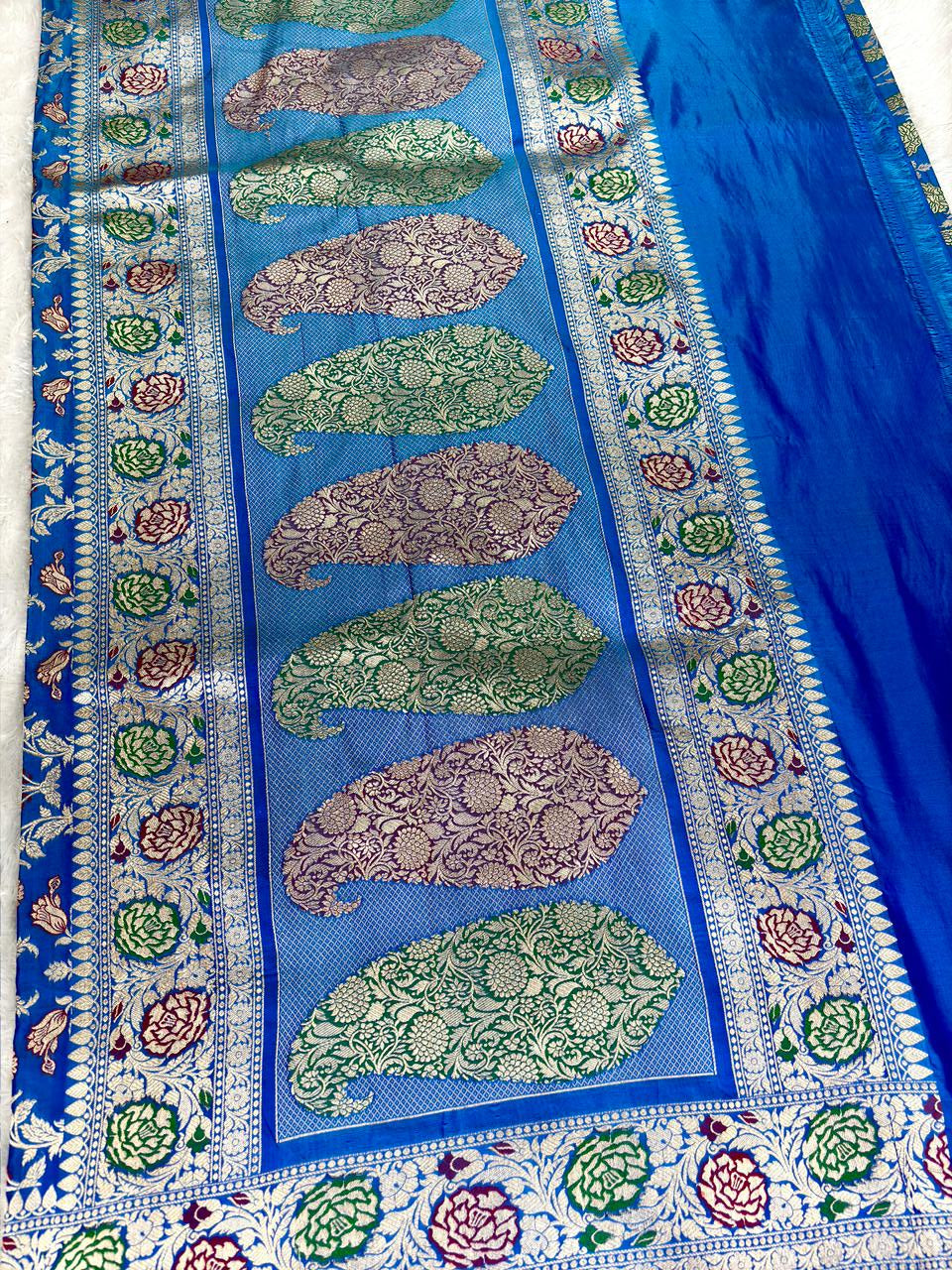 Royal Cerulean Blue Pure Katan Silk Jungla Meenakari Cutwork Banarasi Saree