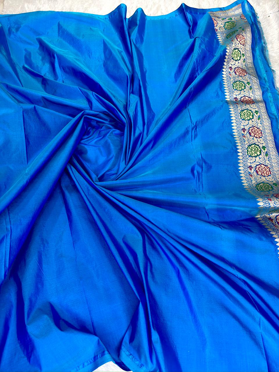 Royal Cerulean Blue Pure Katan Silk Jungla Meenakari Cutwork Banarasi Saree