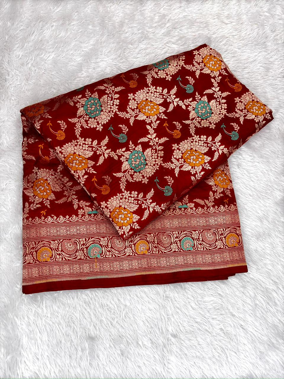Crimson Red Pure Katan Silk Jungla Meenakari Cutwork Handloom Banarasi Saree
