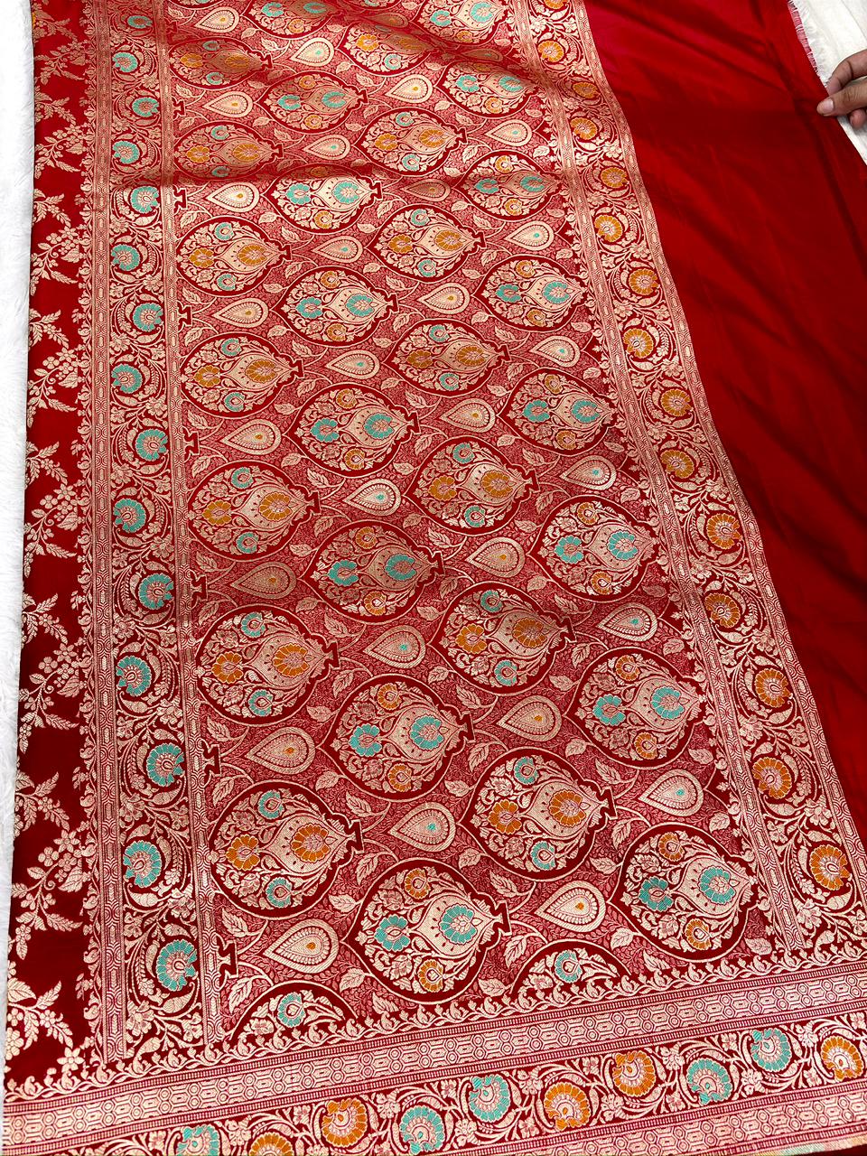 Crimson Red Pure Katan Silk Jungla Meenakari Cutwork Handloom Banarasi Saree