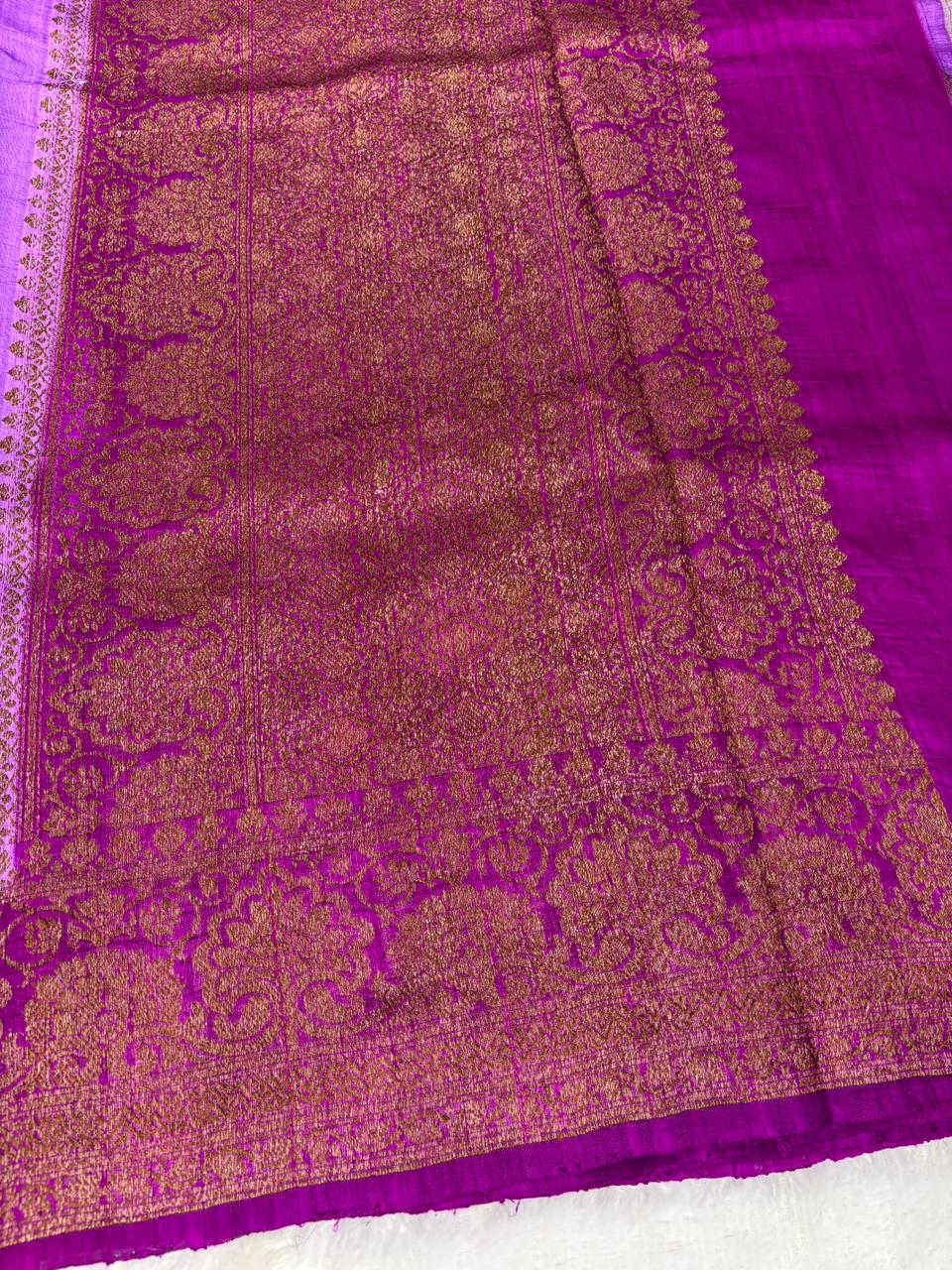 Antique Gold Zari Lilac & Magenta Raw Silk Tussar Saree