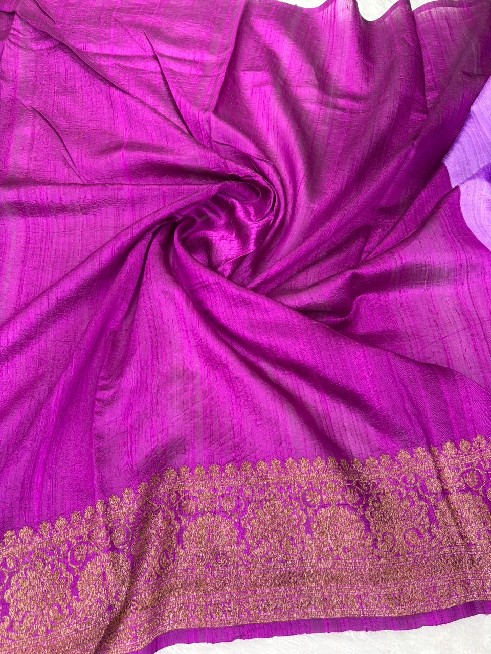 Antique Gold Zari Lilac & Magenta Raw Silk Tussar Saree