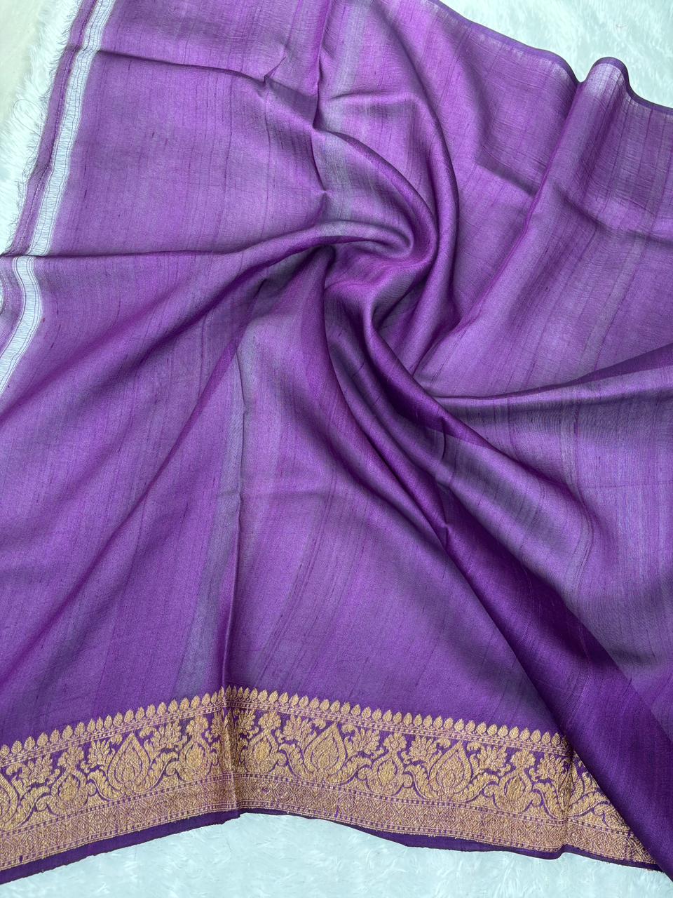 Lilac Deep Purple Hand-Woven Antique Zari Raw Silk Tussar Saree