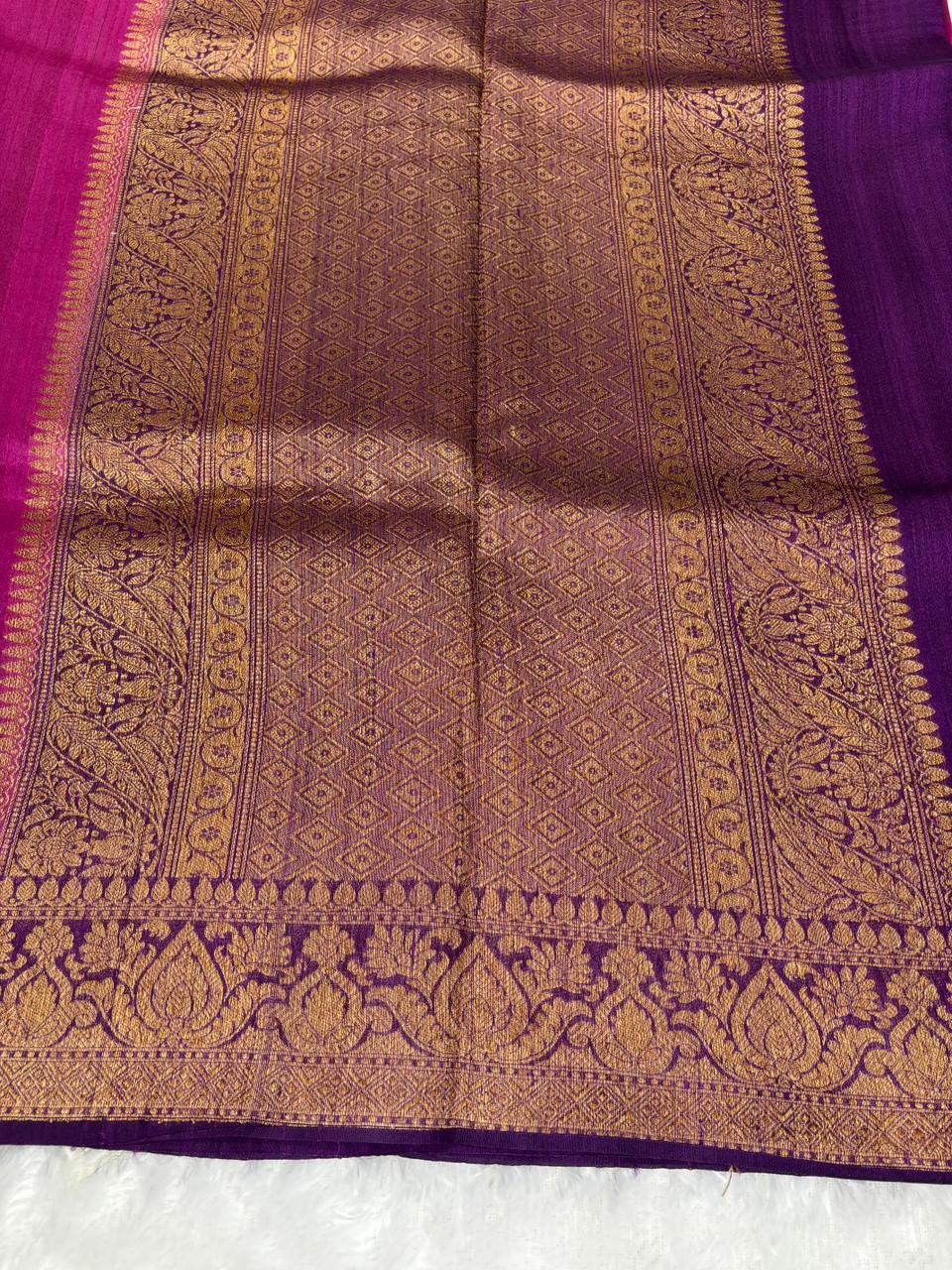Lilac Deep Purple Hand-Woven Antique Zari Raw Silk Tussar Saree