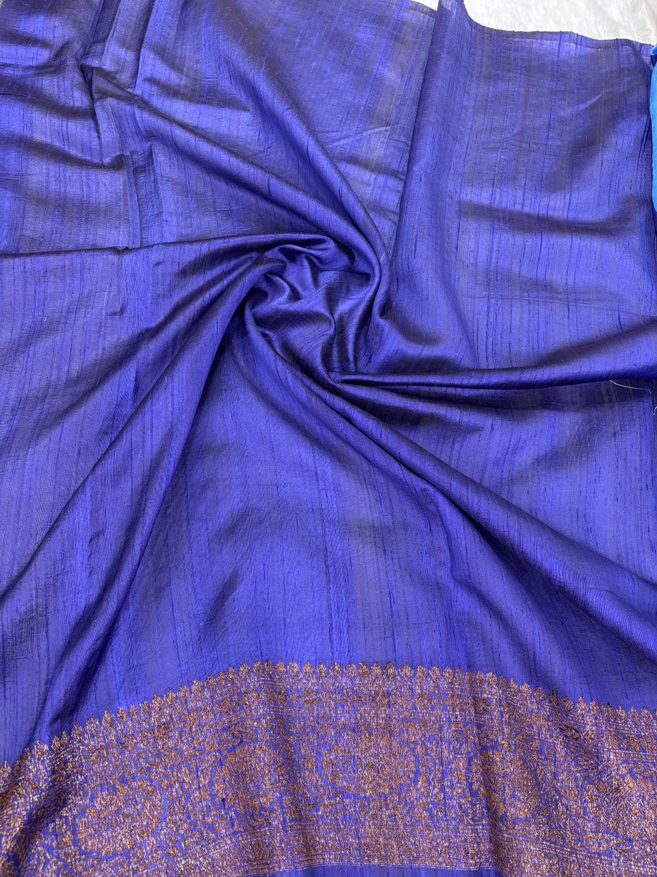 Sky Blue & Royal Blue Hand-Woven Antique Zari Raw Silk Tussar Saree