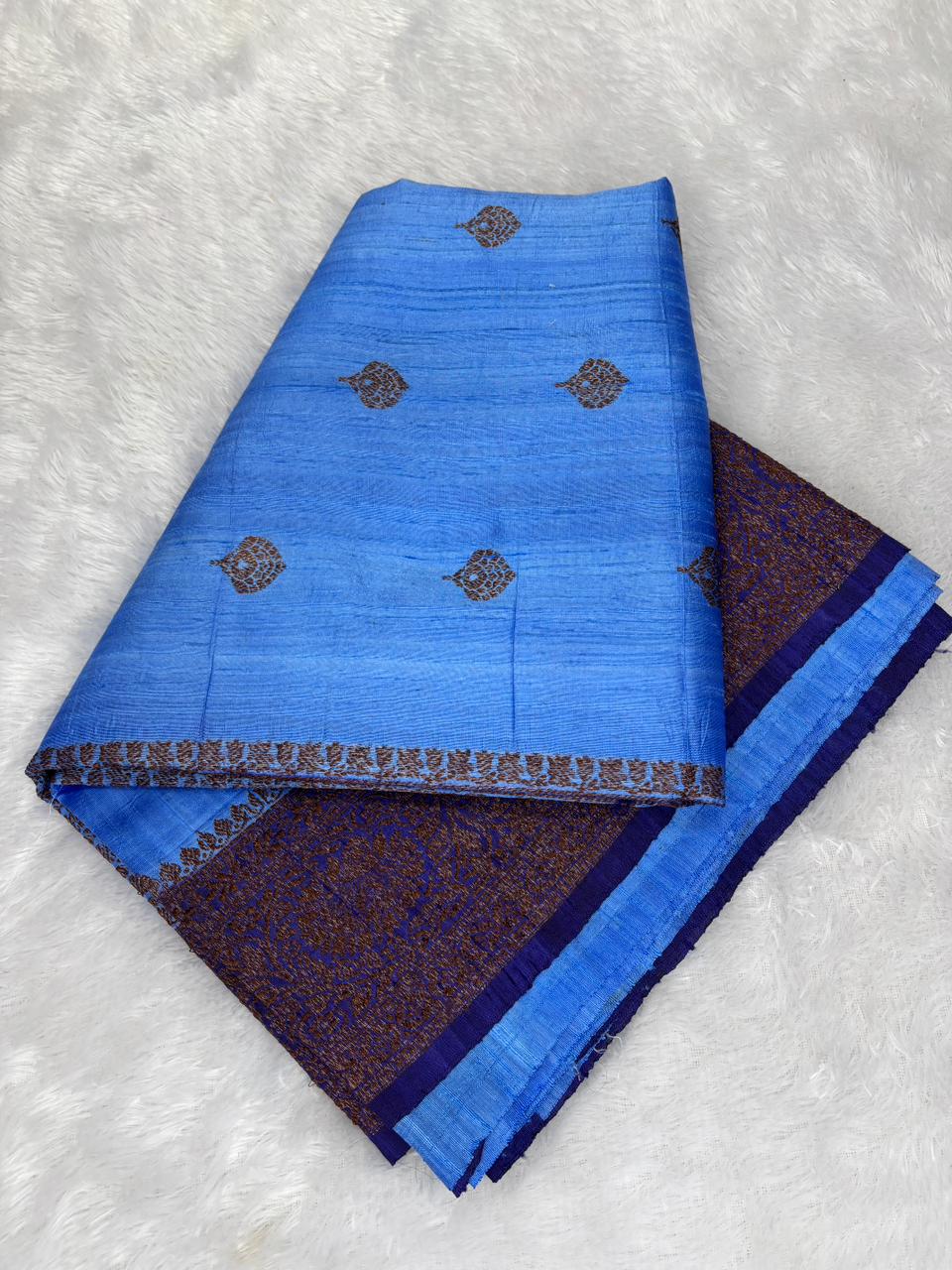 Sky Blue & Royal Blue Hand-Woven Antique Zari Raw Silk Tussar Saree