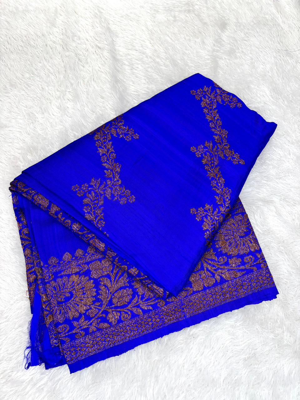 Royal Blue Pure Raw Silk Tussar Handloom Saree with Antique Zari Floral Vines & Rich Pallu