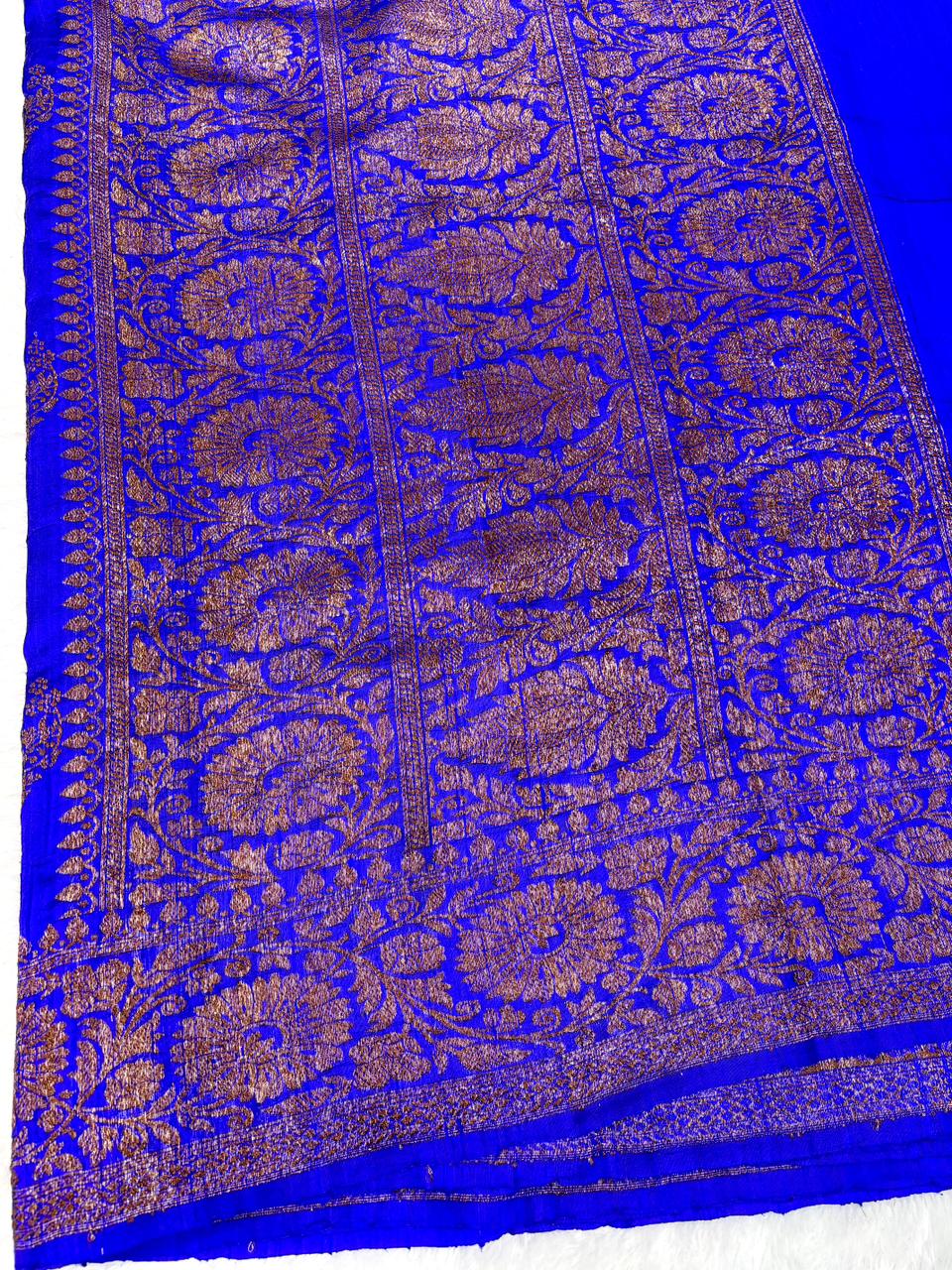Royal Blue Pure Raw Silk Tussar Handloom Saree with Antique Zari Floral Vines & Rich Pallu