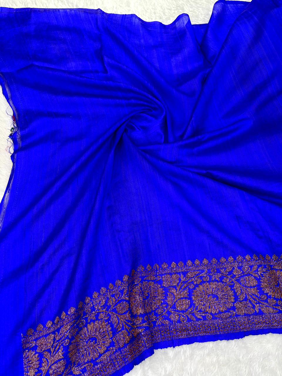 Royal Blue Pure Raw Silk Tussar Handloom Saree with Antique Zari Floral Vines & Rich Pallu