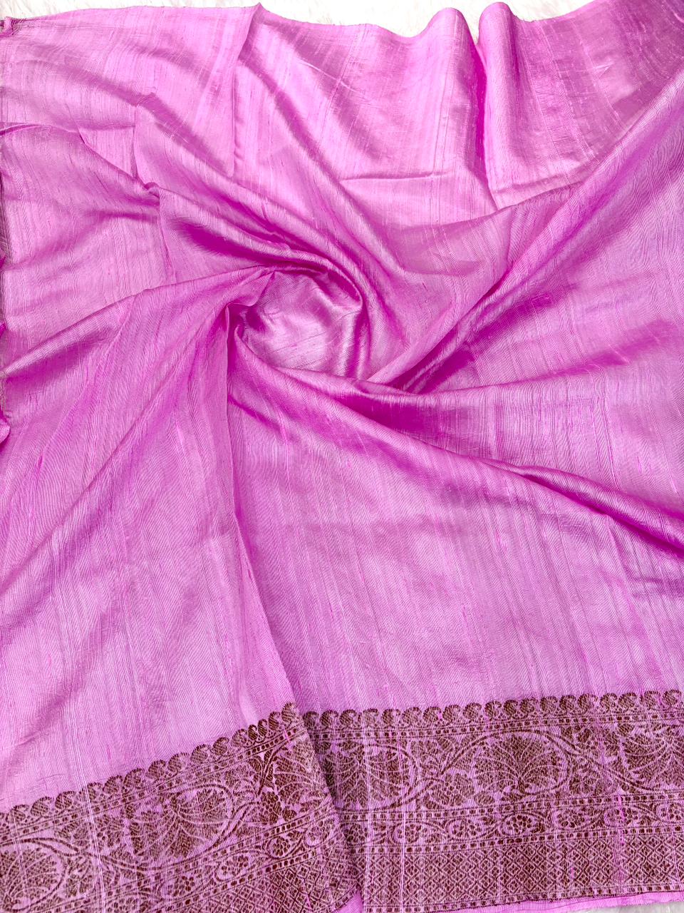 Radiant Pink Pure Raw Silk Tussar Handloom Saree with Antique Zari Buta & Grand Pallu