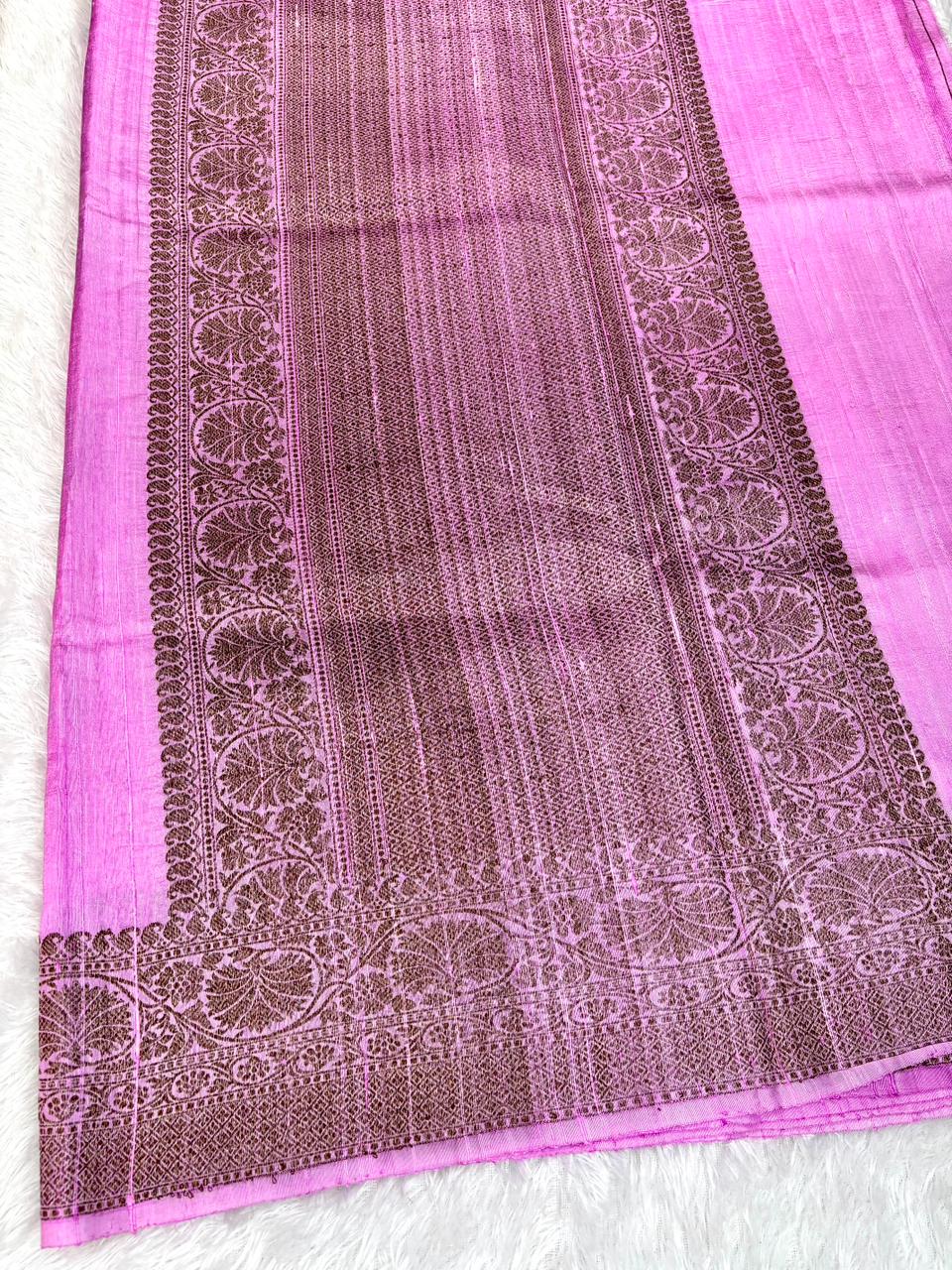 Radiant Pink Pure Raw Silk Tussar Handloom Saree with Antique Zari Buta & Grand Pallu