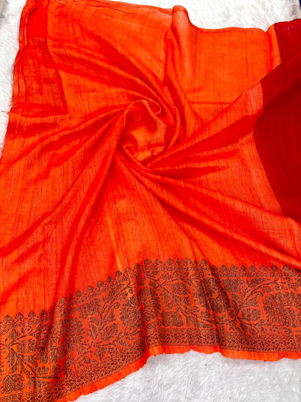 Fiery Red-Orange Pure Raw Silk Tussar Handloom Saree with Diagonal Antique Zari Vines