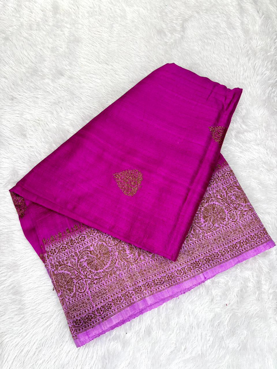 Regal Magenta Pure Raw Silk Tussar Handloom Saree with Antique Zari Buta & Geometric Pallu