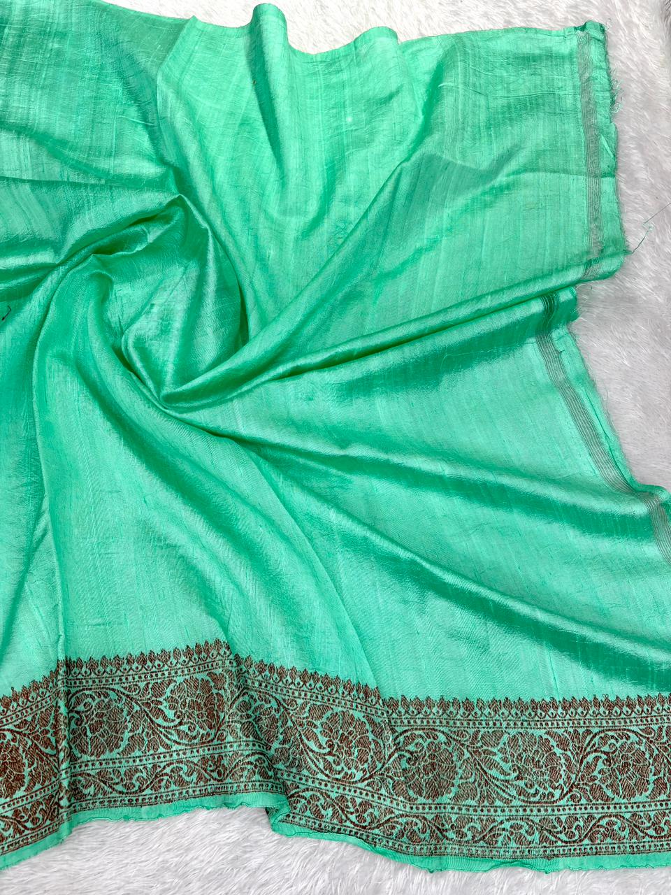 Refreshing Sea Green Pure Raw Silk Tussar Handloom Saree with Antique Zari Vines & Chevron Pallu