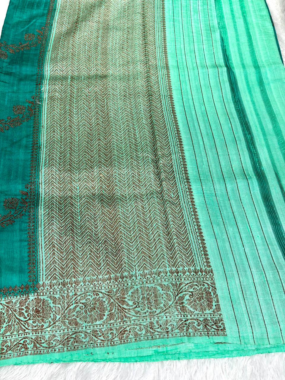 Refreshing Sea Green Pure Raw Silk Tussar Handloom Saree with Antique Zari Vines & Chevron Pallu