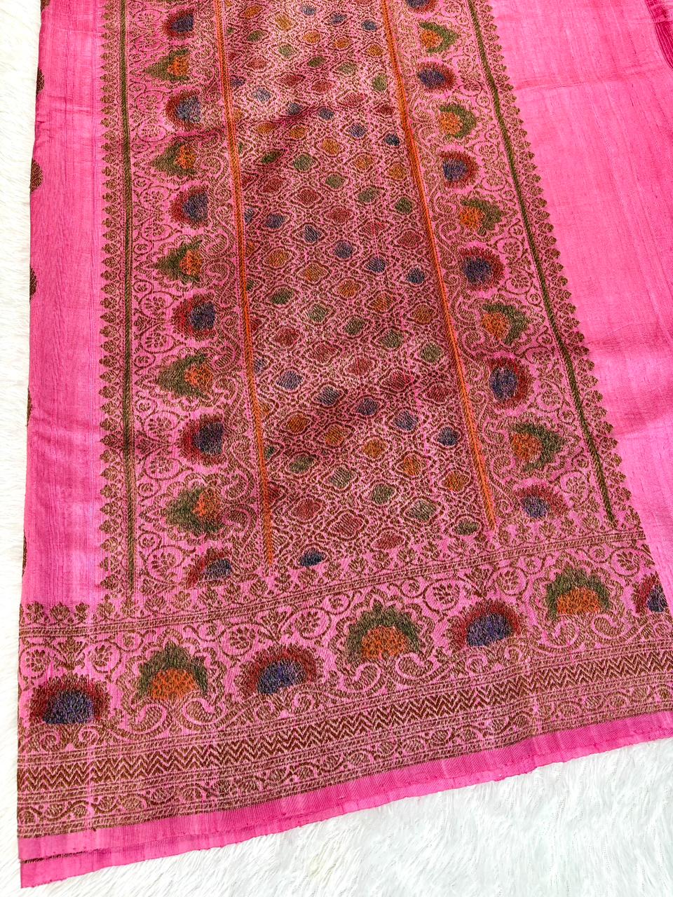 Strawberry Pink Pure Raw Silk Tussar Handloom Saree with Meenakari Border & Rich Zari Pallu
