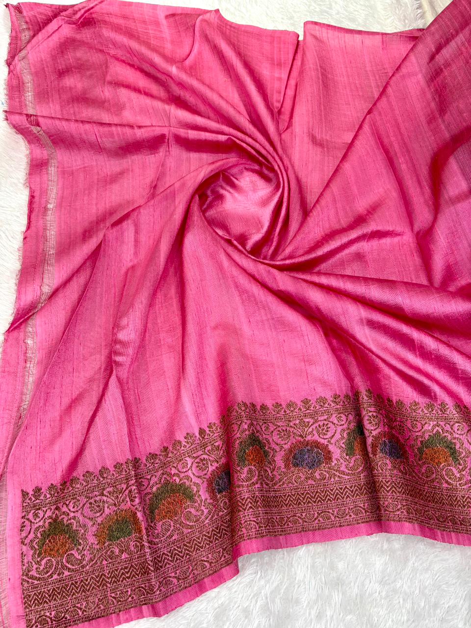 Strawberry Pink Pure Raw Silk Tussar Handloom Saree with Meenakari Border & Rich Zari Pallu